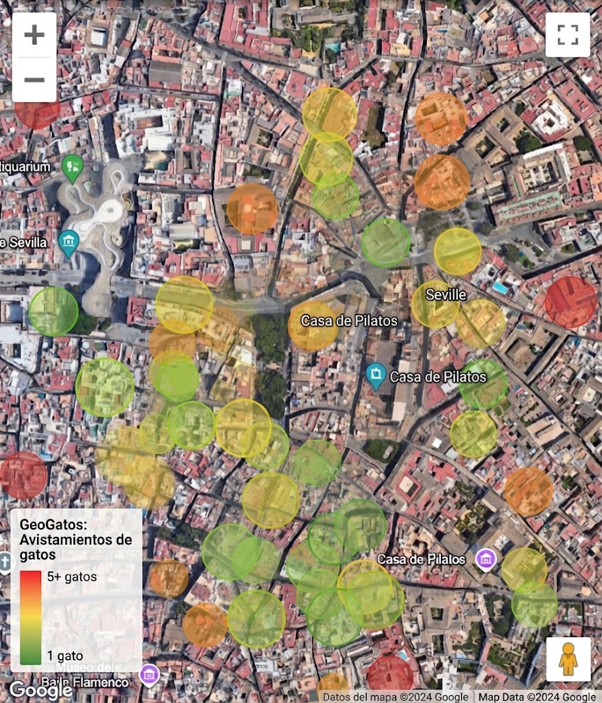 Ejemplo de mapa de calor de colonias felinas en Sevilla